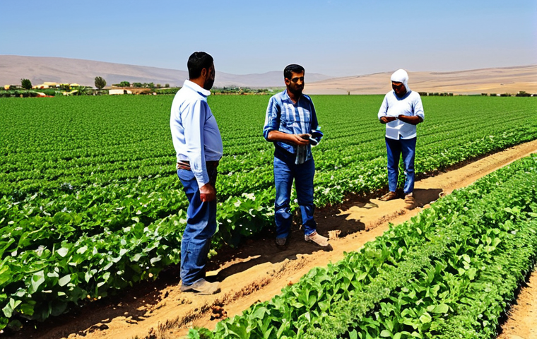 **

"Algerian farmers using modern technology in a field, fully clothed, appropriate attire, safe for work, perfect anatomy, correct proportions, natural pose, showcasing agricultural modernization with drones and advanced irrigation, bright sunny day, rural Algeria, professional photography, high quality, modest farming attire, family-friendly."

**