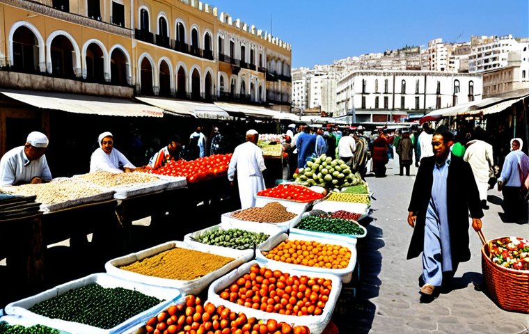 **

"A bustling marketplace in Algiers, Algeria. Vendors are selling local crafts, agricultural products, and traditional goods. In the background, modern buildings are visible, representing the diversification of the Algerian economy. Everyone is fully clothed in appropriate attire. Safe for work. Perfect anatomy. Correct proportions. Natural pose. Professional photography. High quality. Family-friendly."

**