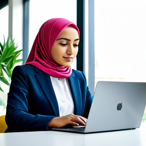Home 7 **
"A professional Algerian woman in a modest, colorful hijab and business attire, working on a laptop in a bright, modern co-working space filled with plants, fully clothed, appropriate content, safe for work, perfect anatomy, natural proportions, professional, family-friendly, high-resolution."
**
