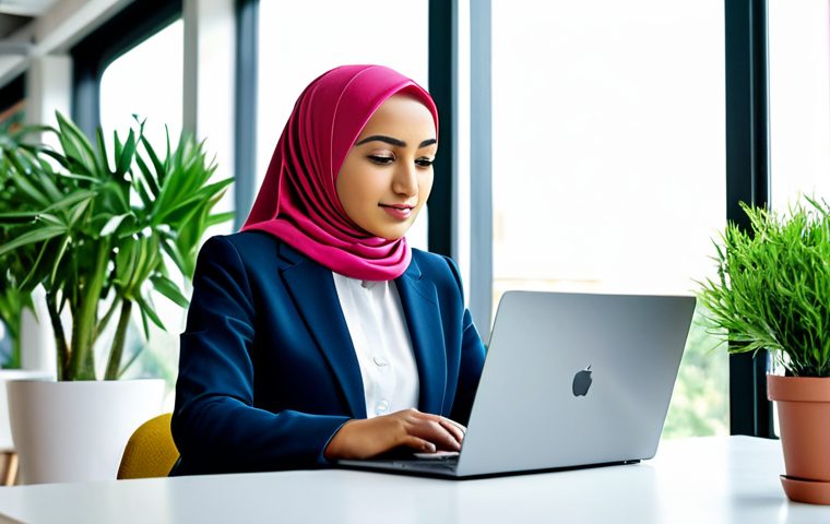 **

"A professional Algerian woman in a modest, colorful hijab and business attire, working on a laptop in a bright, modern co-working space filled with plants, fully clothed, appropriate content, safe for work, perfect anatomy, natural proportions, professional, family-friendly, high-resolution."

**
