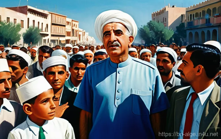 알제리 혁명 지도자 아흐메드 벤 벨라 - **Prompt:** "A symbolic representation of the Algerian struggle for independence, featuring a divers...