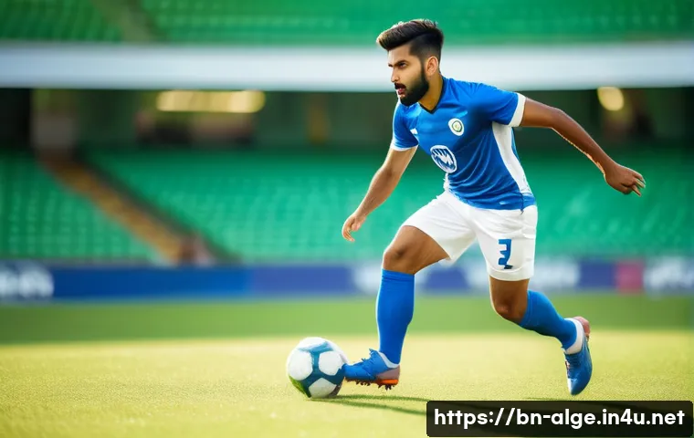알제리 축구 스타 리야드 마레즈 - A dynamic action shot of a professional male football player with South Asian features wearing a mod...