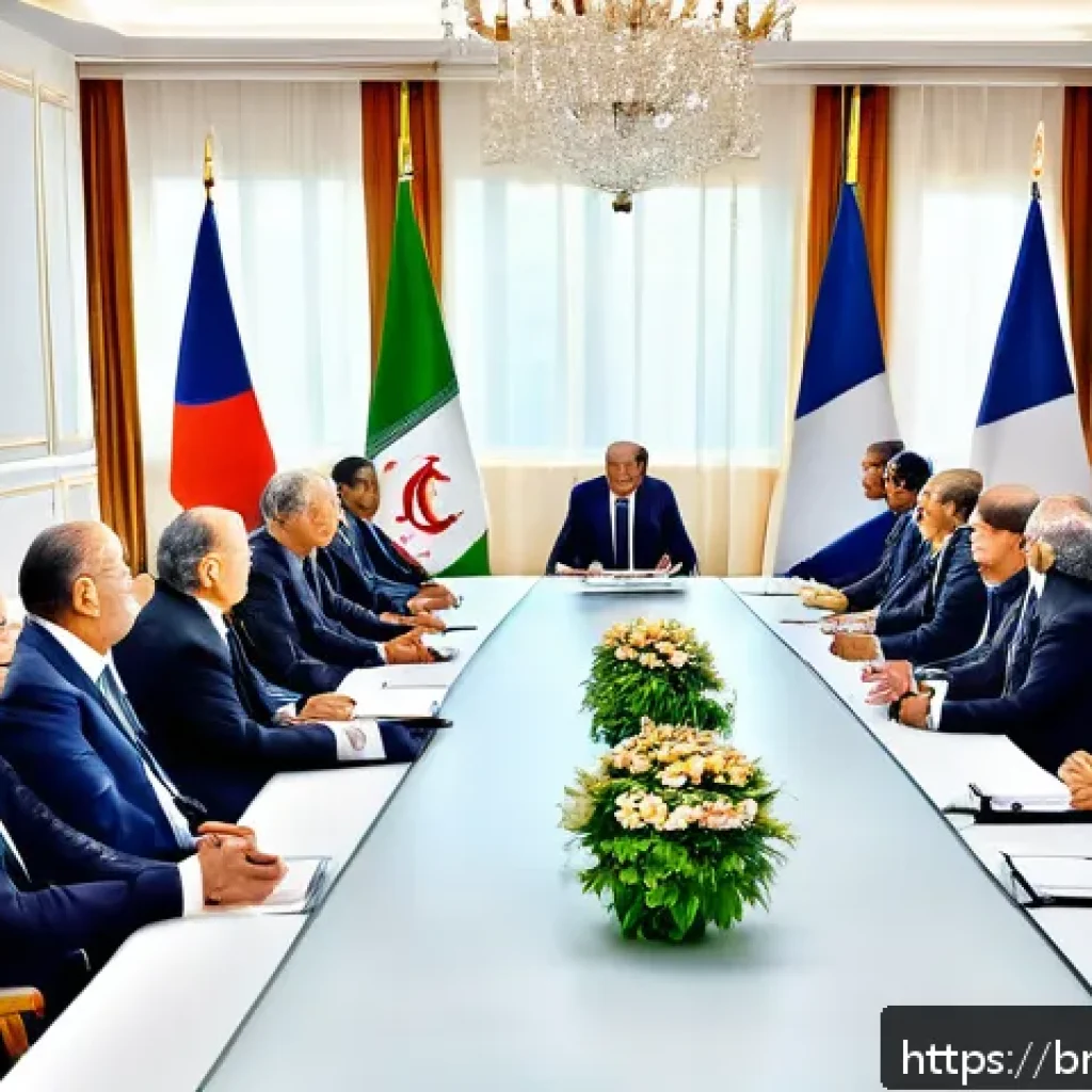 알제리 프랑스 관계 변화 - A detailed scene depicting a diplomatic meeting between Algerian and French leaders in a modern conf...