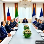 알제리 프랑스 관계 변화 - A detailed scene depicting a diplomatic meeting between Algerian and French leaders in a modern conf...