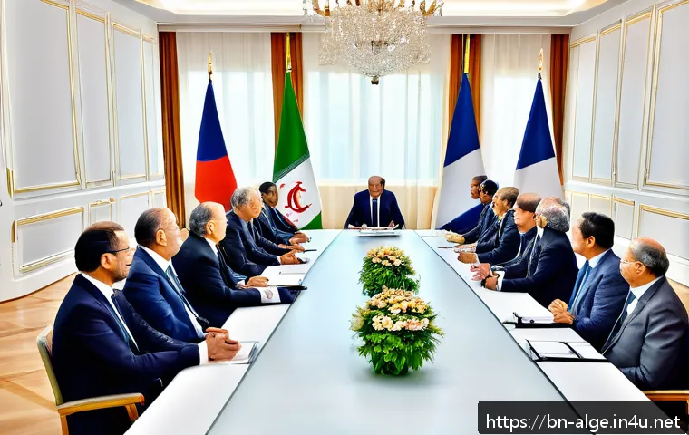 알제리 프랑스 관계 변화 - A detailed scene depicting a diplomatic meeting between Algerian and French leaders in a modern conf...