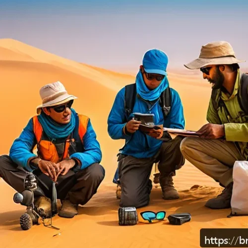 알제리 사하라 사막 투어 - A detailed scene of a Sahara desert expedition team preparing for their journey: a diverse group wea...