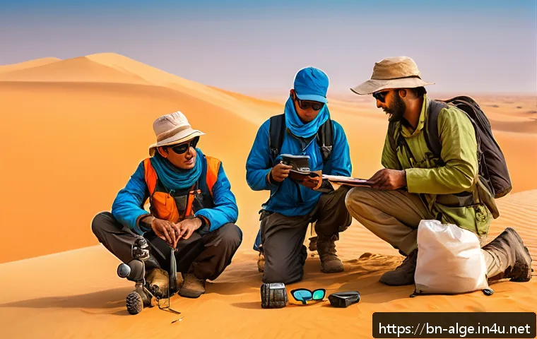 알제리 사하라 사막 투어 - A detailed scene of a Sahara desert expedition team preparing for their journey: a diverse group wea...