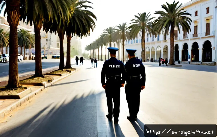 알제리 치안 상태 - Photorealistic daytime street scene in Algiers, Algeria, a calm modern boulevard with clean sidewalk...